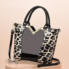 Leopard Pattern Handbag Bright PU Leather Crossbody Bag Double Handle Purse