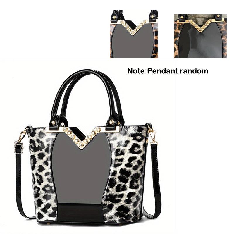 Leopard Pattern Handbag Bright PU Leather Crossbody Bag Double Handle Purse