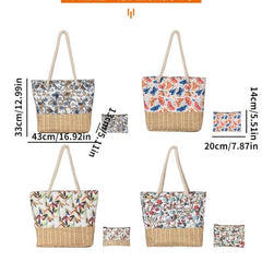 Floral Pattern Canvas Tote Bag Rattan Woven Summer Beach Bag