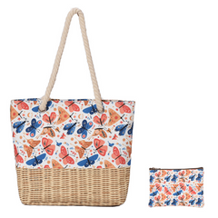 Floral Pattern Canvas Tote Bag Rattan Woven Summer Beach Bag