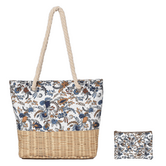 Floral Pattern Canvas Tote Bag Rattan Woven Summer Beach Bag