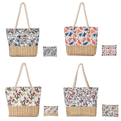 Floral Pattern Canvas Tote Bag Rattan Woven Summer Beach Bag