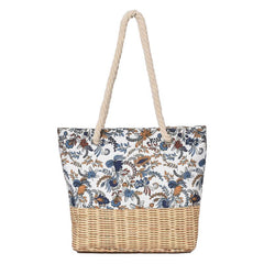 Floral Pattern Canvas Tote Bag Rattan Woven Summer Beach Bag