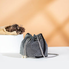 Rhinestone Bucket Bag Drawstring Shoulder Chain Bag