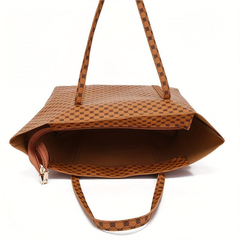 Geometric Print Tote Bag Set, Retro Shoulder Handbag & Purse