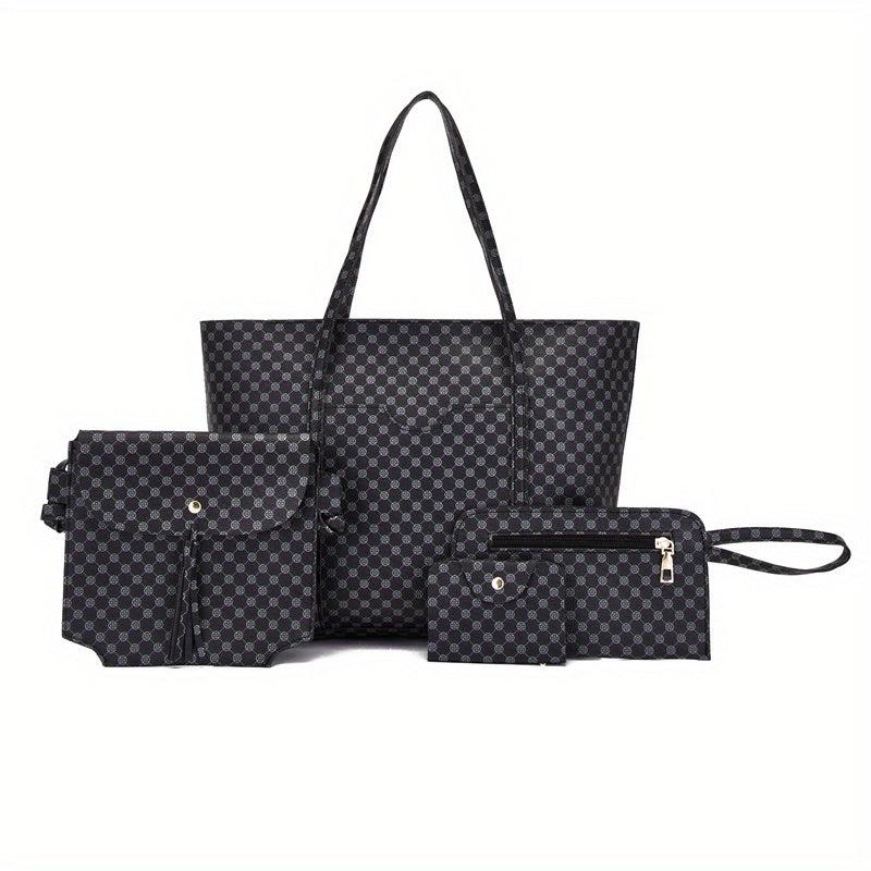 Geometric Print Tote Bag Set, Retro Shoulder Handbag & Purse