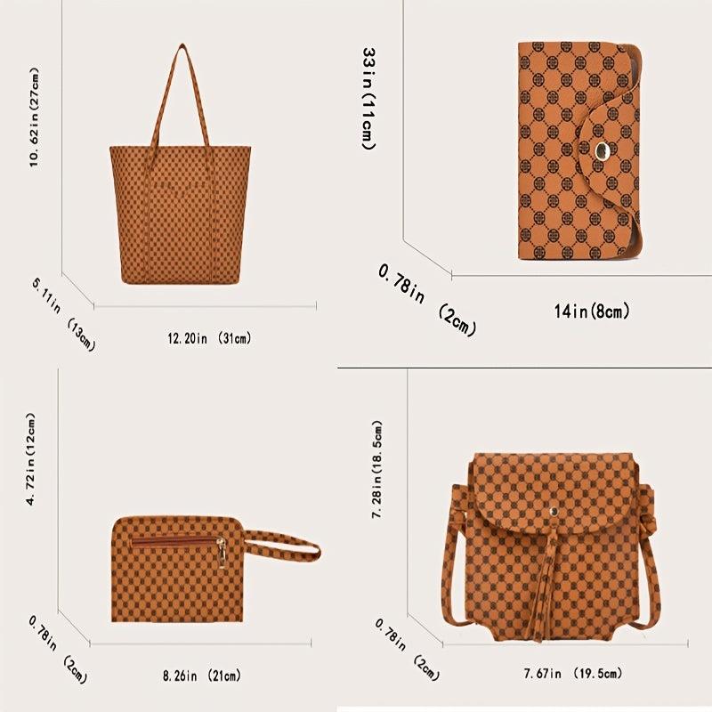 Geometric Print Tote Bag Set, Retro Shoulder Handbag & Purse