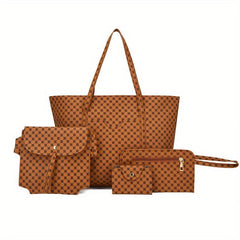 Geometric Print Tote Bag Set, Retro Shoulder Handbag & Purse