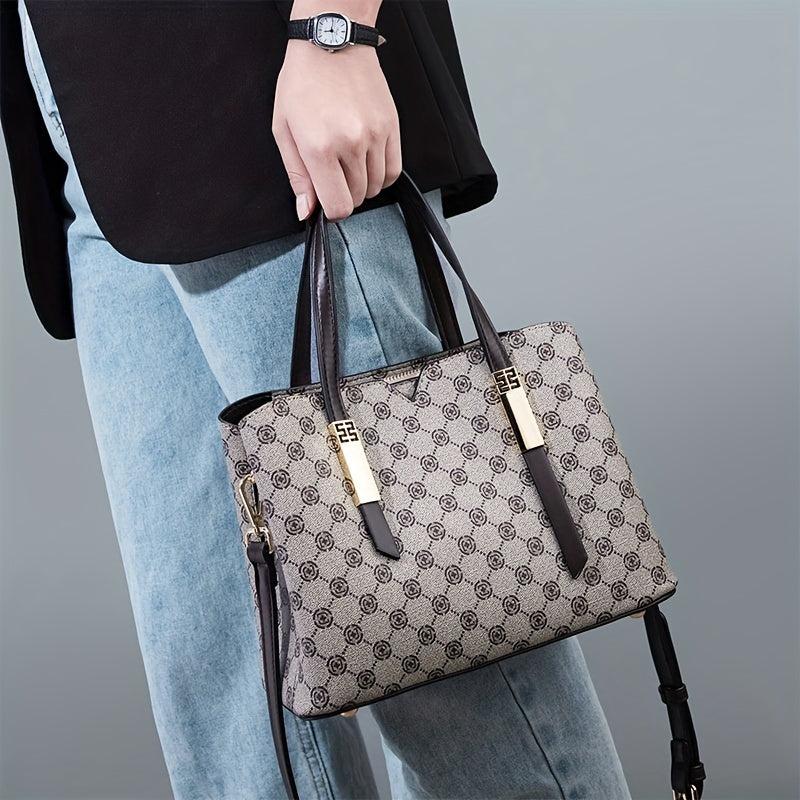 Retro Print Tote Satchel Bag PU Leather Textured Shoulder Bag