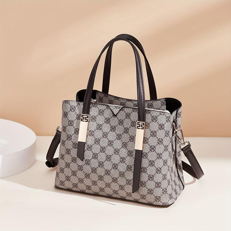 Retro Print Tote Satchel Bag PU Leather Textured Shoulder Bag