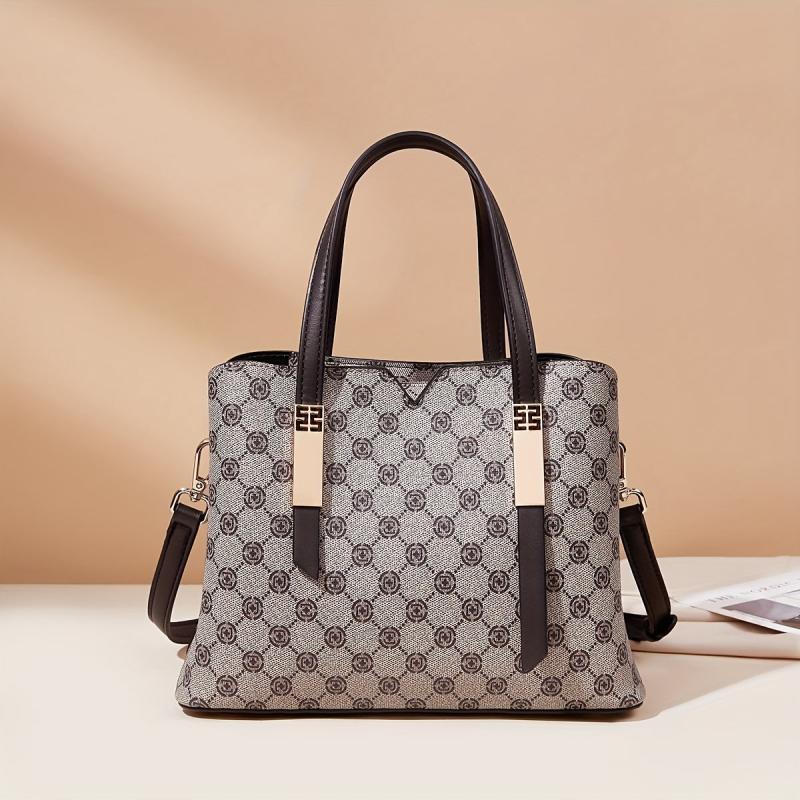 Retro Print Tote Satchel Bag PU Leather Textured Shoulder Bag