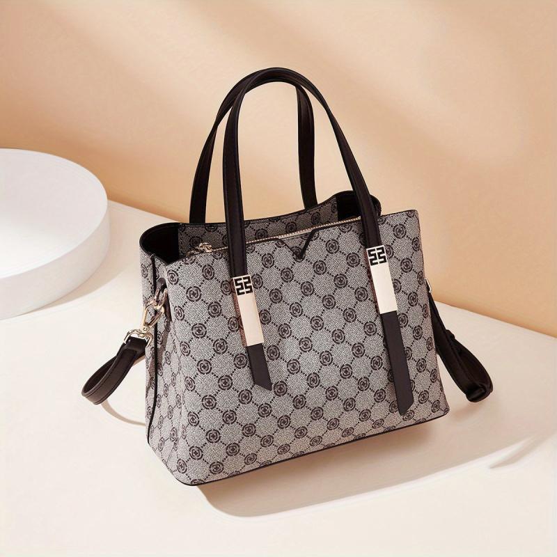 Retro Print Tote Satchel Bag PU Leather Textured Shoulder Bag
