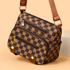 Plaid Pattern Crossbody Bag Stud Decor Pockets Purse Faux Leather Shoulder Bag