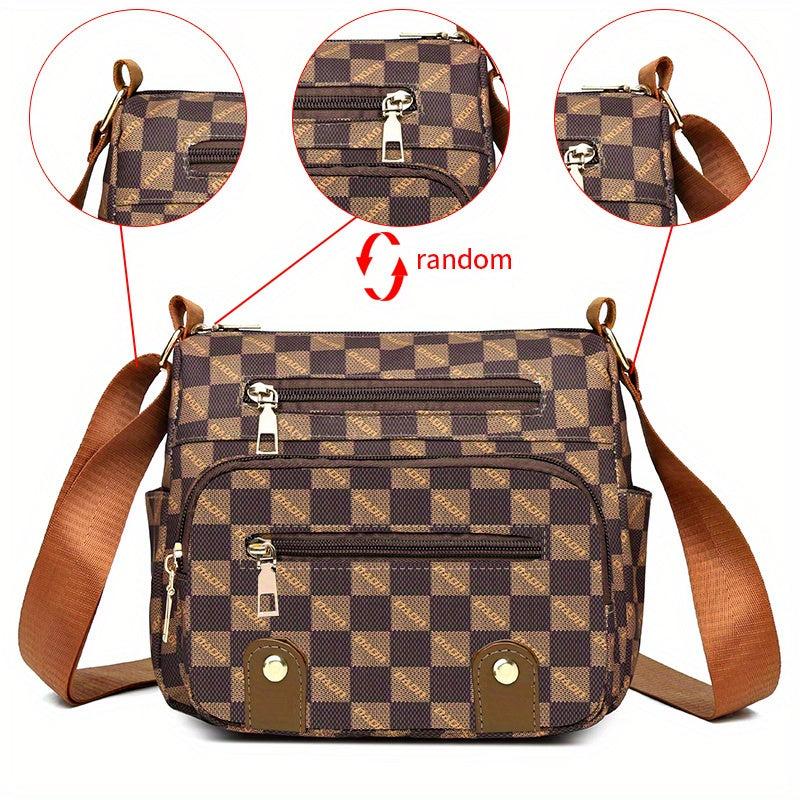Plaid Pattern Crossbody Bag Stud Decor Pockets Purse Faux Leather Shoulder Bag