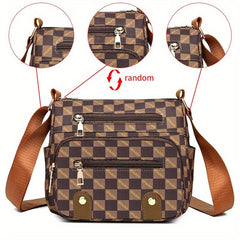 Plaid Pattern Crossbody Bag Stud Decor Pockets Purse Faux Leather Shoulder Bag