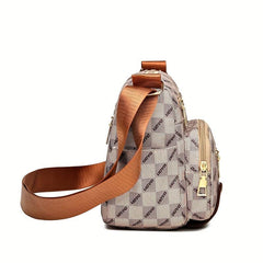 Plaid Pattern Crossbody Bag Stud Decor Pockets Purse Faux Leather Shoulder Bag