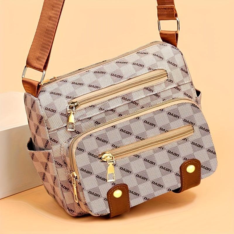 Plaid Pattern Crossbody Bag Stud Decor Pockets Purse Faux Leather Shoulder Bag