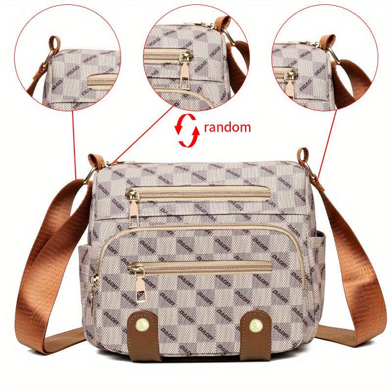 Plaid Pattern Crossbody Bag Stud Decor Pockets Purse Faux Leather Shoulder Bag