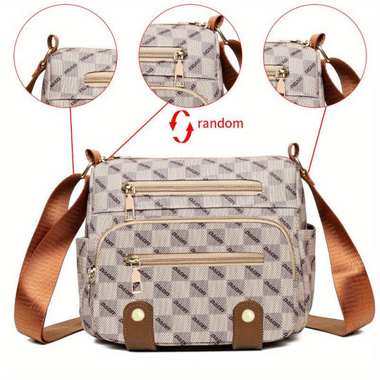 Plaid Pattern Crossbody Bag Stud Decor Pockets Purse Faux Leather Shoulder Bag