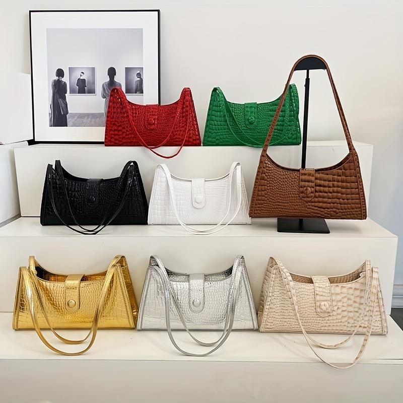 Crocodile Pattern Shoulder Bag Glossy Underarm Purse Women's Stylish Handbag
