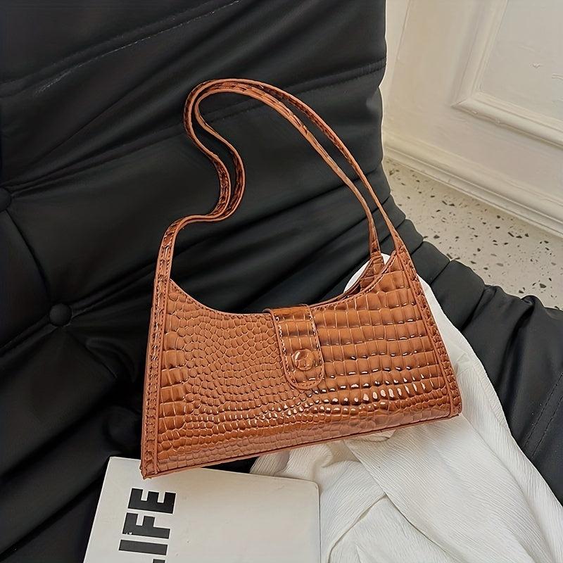 Crocodile Pattern Shoulder Bag Glossy Underarm Purse Women's Stylish Handbag