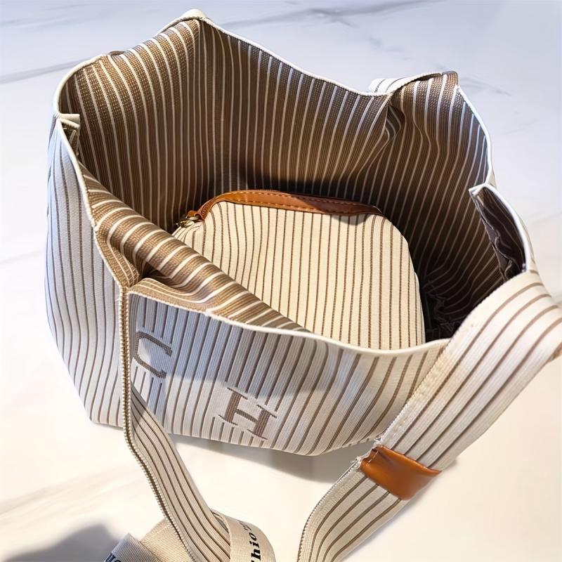 Striped Pattern Shoulder Bag Vintage Knitted Tote Bag