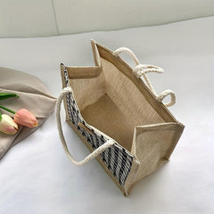 Houndstooth Pattern Linen Tote Bag Button Decor Handbag Lunch Box Bag