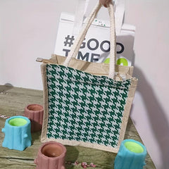 Houndstooth Pattern Linen Tote Bag Button Decor Handbag Lunch Box Bag