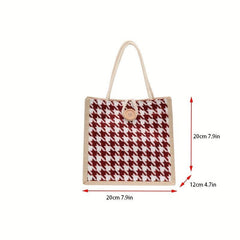 Houndstooth Pattern Linen Tote Bag Button Decor Handbag Lunch Box Bag