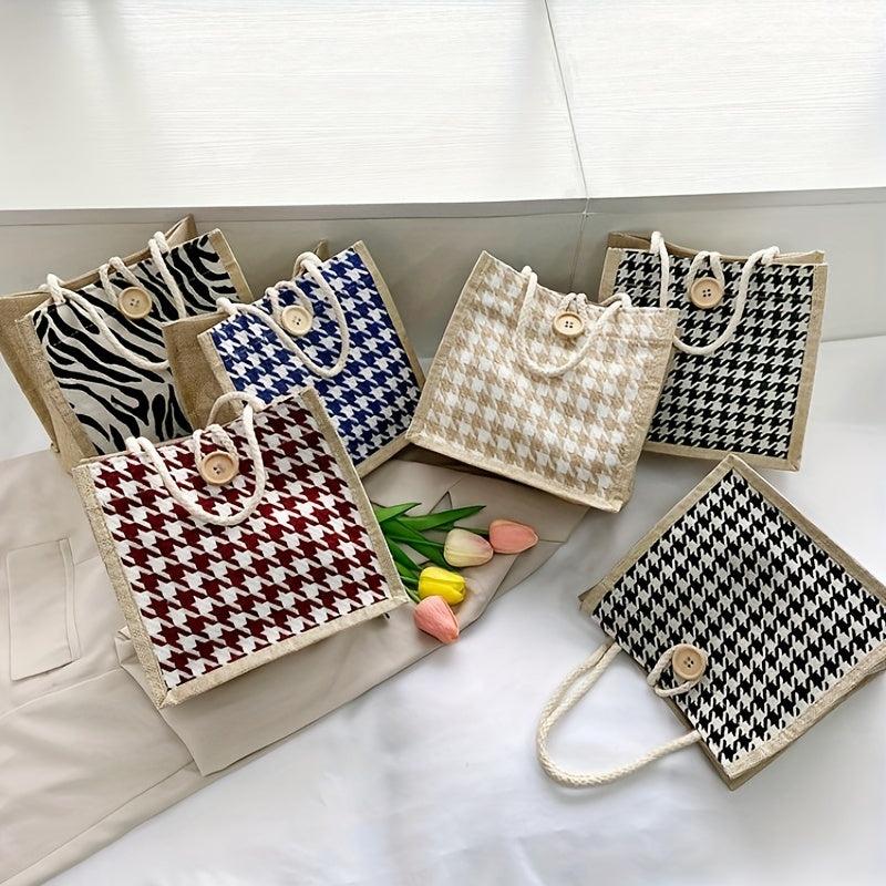Houndstooth Pattern Linen Tote Bag Button Decor Handbag Lunch Box Bag