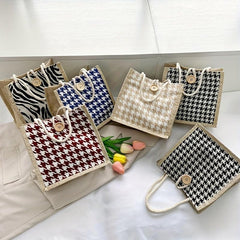 Houndstooth Pattern Linen Tote Bag Button Decor Handbag Lunch Box Bag