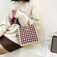 Houndstooth Pattern Linen Tote Bag Button Decor Handbag Lunch Box Bag