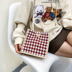 Houndstooth Pattern Linen Tote Bag Button Decor Handbag Lunch Box Bag