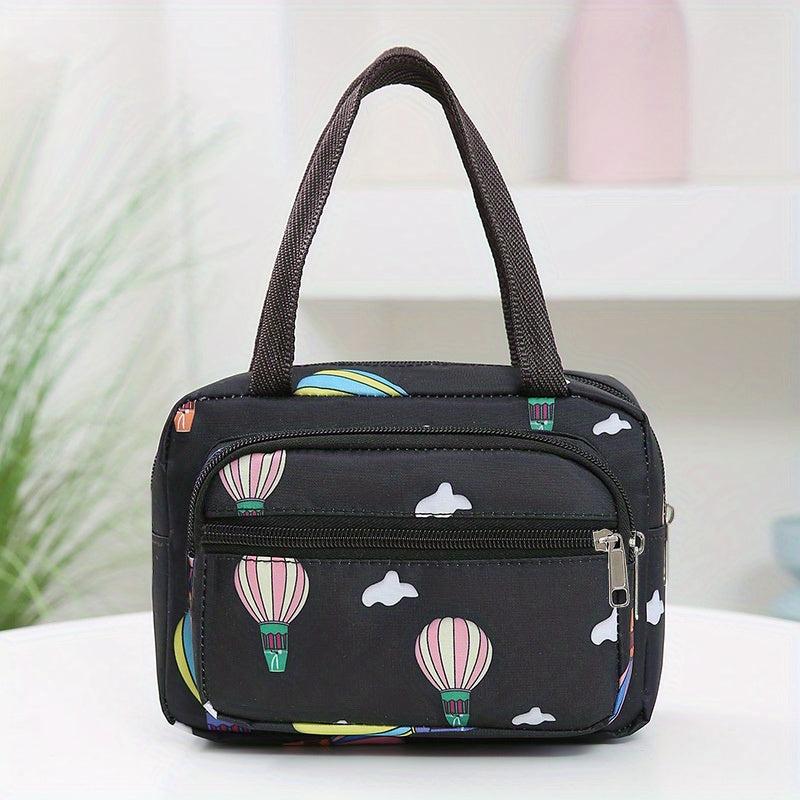 Floral Print Nylon Handbags Portable Lunch Box Bag Zipper Mommy Bag