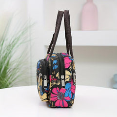 Floral Print Nylon Handbags Portable Lunch Box Bag Zipper Mommy Bag