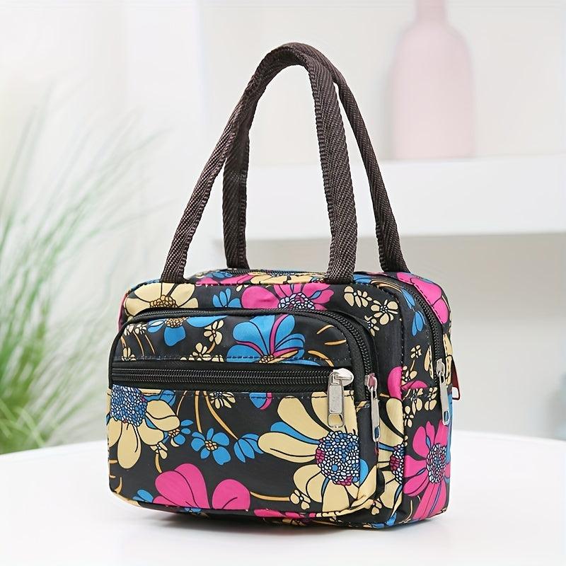 Floral Print Nylon Handbags Portable Lunch Box Bag Zipper Mommy Bag