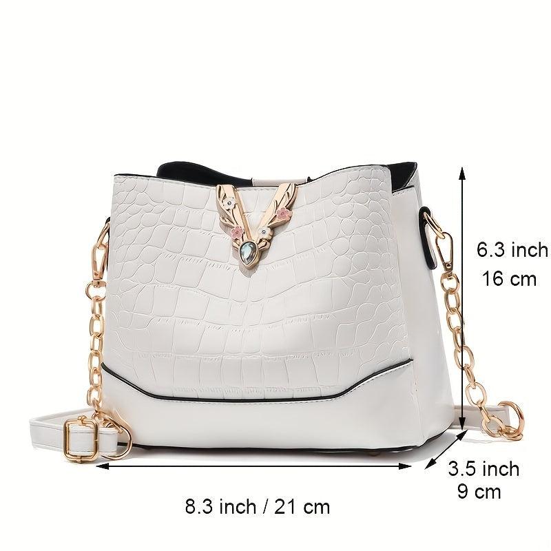 Crocodile Pattern Bucket Bag Chain Crossbody Bag Women's Metal Decor Purse