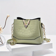 Crocodile Pattern Bucket Bag Chain Crossbody Bag Women's Metal Decor Purse