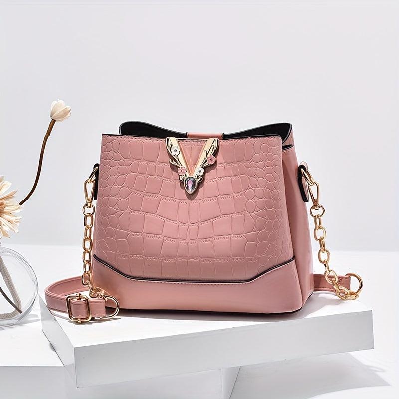 Crocodile Pattern Bucket Bag Chain Crossbody Bag Women's Metal Decor Purse