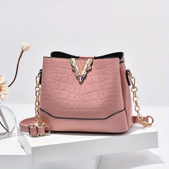 Crocodile Pattern Bucket Bag Chain Crossbody Bag Women's Metal Decor Purse