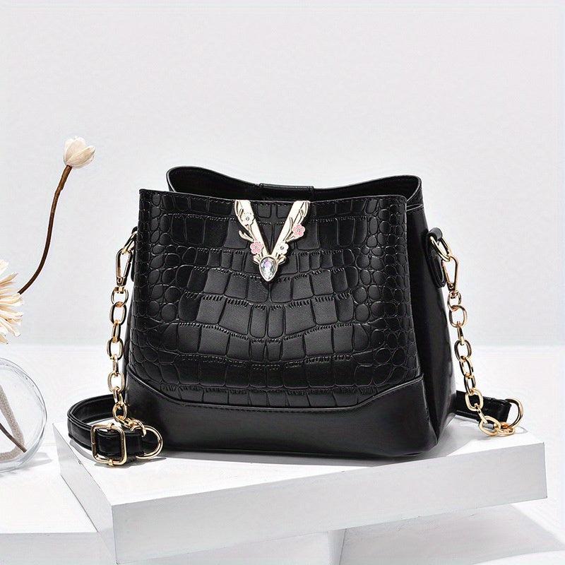Crocodile Pattern Bucket Bag Chain Crossbody Bag Women's Metal Decor Purse