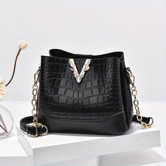 Crocodile Pattern Bucket Bag Chain Crossbody Bag Women's Metal Decor Purse