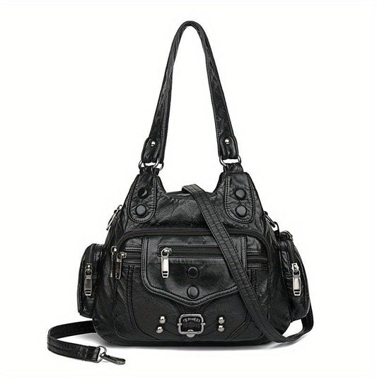 Vintage Hobo Shoulder Bag Zipper Handbag With Rivets Decor