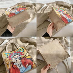 Ethnic Style Linen Tote Bag Vintage Printed Shopping Bag