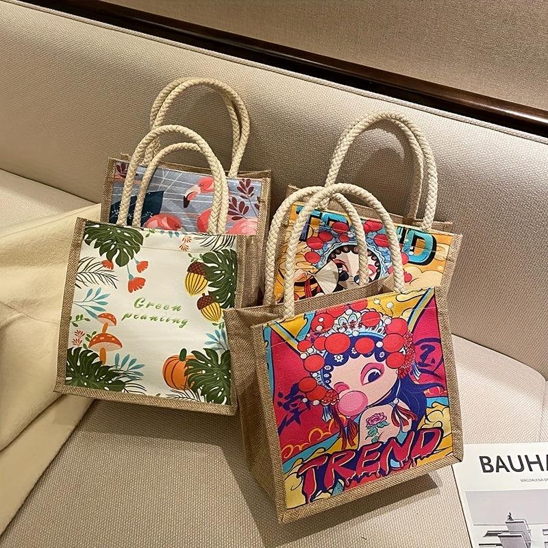 Ethnic Style Linen Tote Bag Vintage Printed Shopping Bag