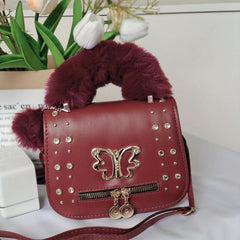 Rhinestone Butterfly Crossbody Bag Square Purse Plush Handle