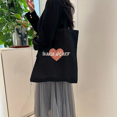 Leopard Love Heart Print Tote Bag Vintage Canvas Shoulder Bag