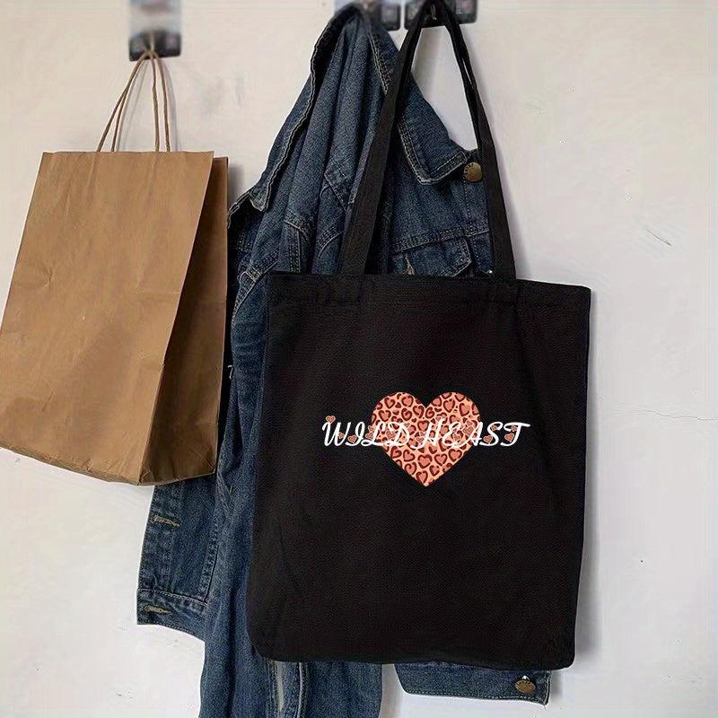 Leopard Love Heart Print Tote Bag Vintage Canvas Shoulder Bag