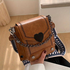 Retro Flap Shoulder Bag PU Leather Satchel Metal Chain Crossbody