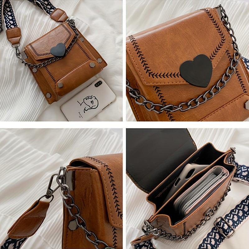 Retro Flap Shoulder Bag PU Leather Satchel Metal Chain Crossbody